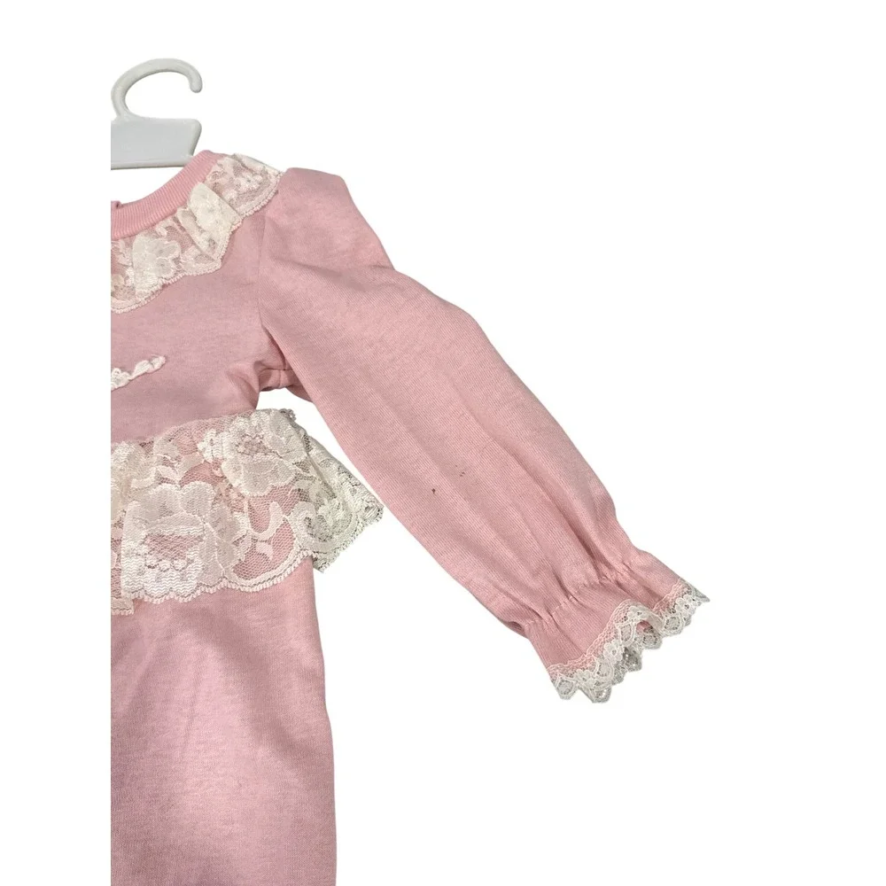 Little Precious Vintage Pink Lace Ruffle Romper Long Sleeve Cottage Core 24M